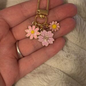 Pink Floral Enamel bag Charm - Gold Hardware